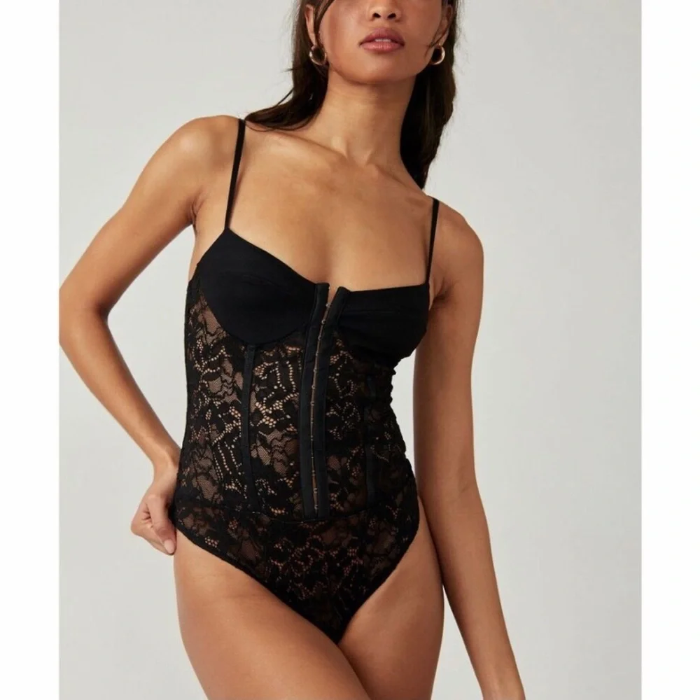 Free People Lace Night Rhythm Bodysuit in Black
